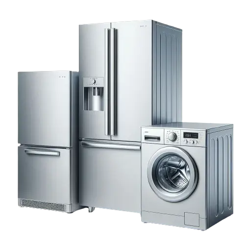Foto de uma geladeira, máquina de lavar roupas e freezer.